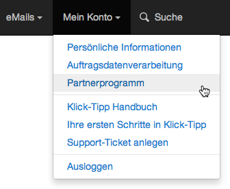 Partnerprogramm Anmeldung - Online Geld verdienen: Mein Konto Menü