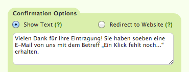 Wufoo: Text nach der Eintragung